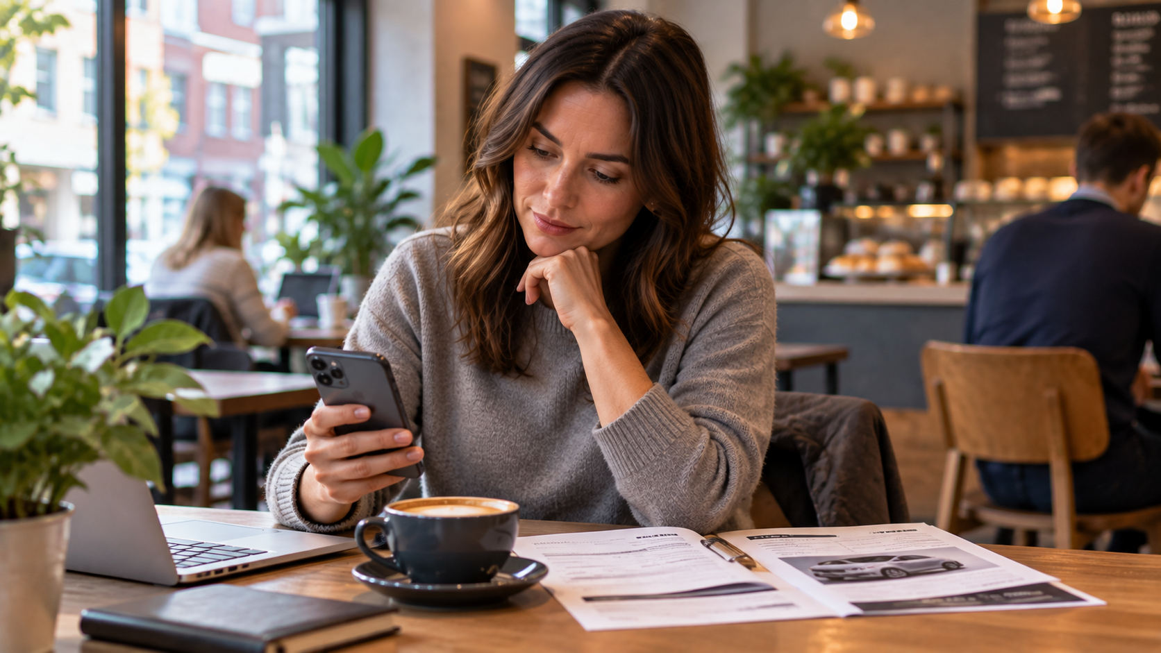 A woman in her 30s sitting at a café between two real-life financial decisions. On one side she has information about a savings account on her phone; on the other is ordinary paperwork relating to financing a purchase. She is comparing them rather than looking confused.