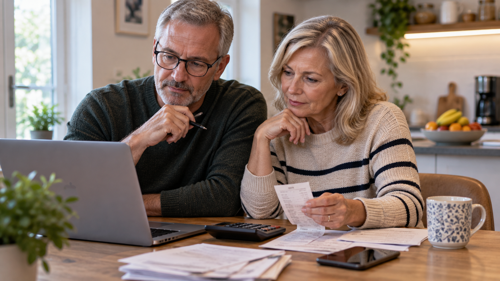 Older couple reviewing investments and household costs together at their kitchen table, illustrating how inflation can affect investment risk.