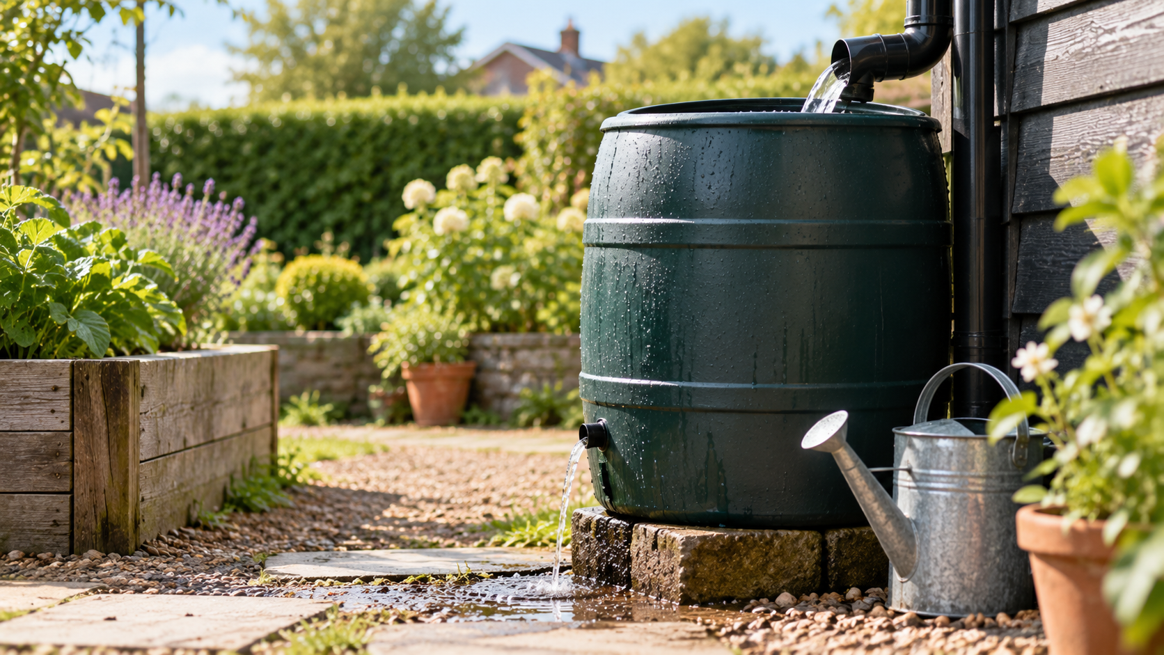 A large traditional rainwater barrel in a contemporary garden is steadily filling from a downpipe, but a small unnoticed leak near its base is allowing water to escape. Nothing dramatic—the barrel is still filling—but over a long period that small continuous loss matters. It's a very direct metaphor for investment fees: seemingly small deductions can reduce how much ultimately accumulates.
