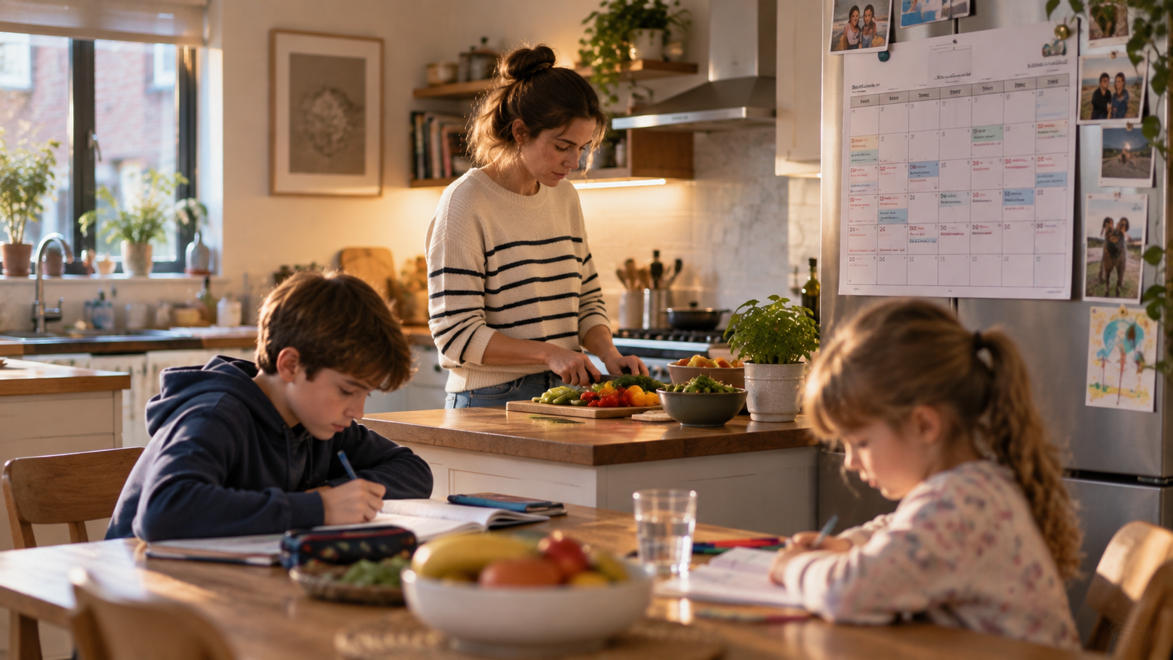 I'd show a busy family kitchen in the early evening. A mother in her 30s is preparing dinner while two children of different ages are doing ordinary things around the kitchen. On the wall or fridge is a normal household calendar, with the accumulated rhythm of everyday family life visible through appointments, school activities and ordinary markings.