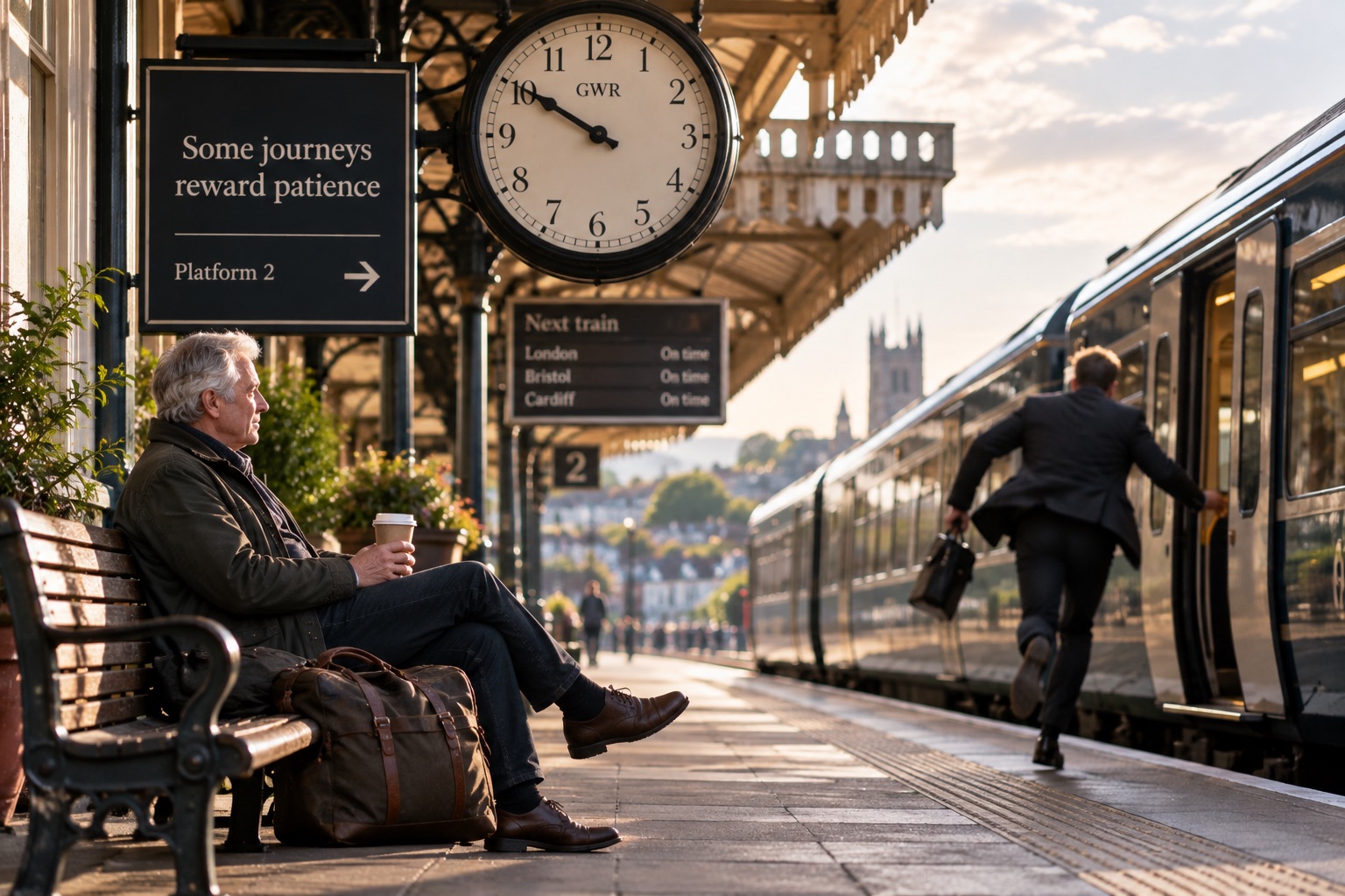 One traveller waits patiently at a railway station while another rushes to catch a train, illustrating time in the market versus timing the market.