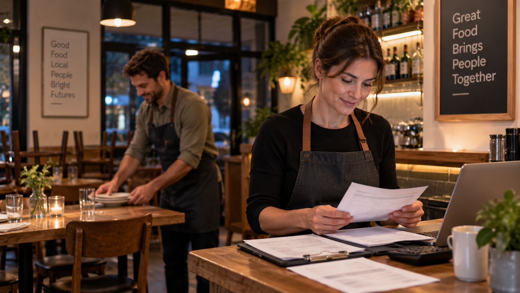 Two business partners in their 30s, are closing a busy independent restaurant after customers have left. One clears tables while the other reviews the day's ordinary paperwork near the counter. The scene represents the fundamental idea behind dividends: a business operates, earns money and its owners may receive a share of what it generates.