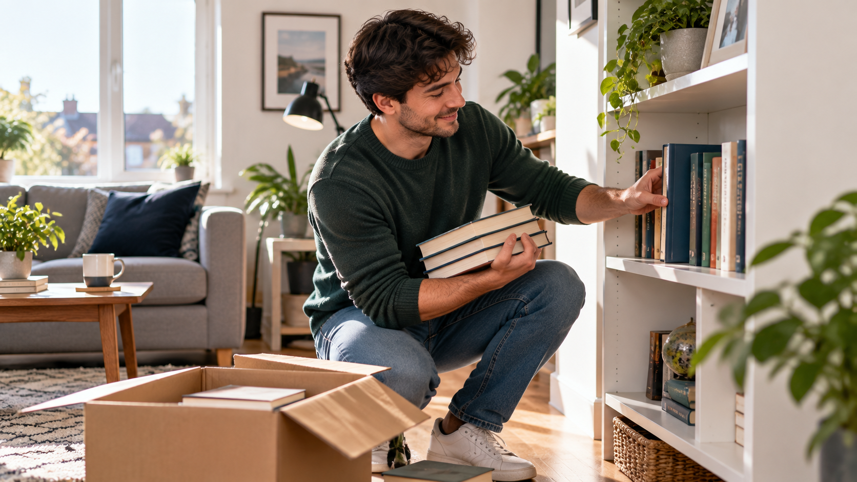 Young man unpacking a flat-pack bookcase and immediately filling the new shelf from books he already owns. A man around 25 in his first or second home, kneeling beside a newly assembled shelving unit and moving books onto it. The visual idea is that something received is being put straight back into expanding what already exists.