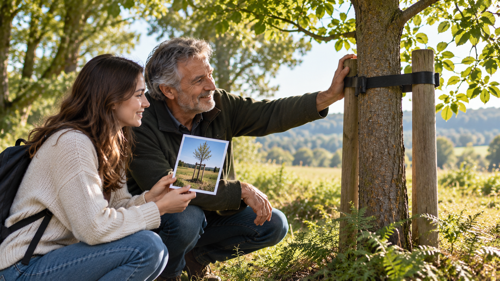 A father in his late 50s and daughter in her mid-20s stand beside a substantial young tree in a public woodland or large garden. She could be holding an old photograph showing the tree when it was newly planted, while the father looks at the now-established tree. The photograph therefore contains both the starting point and the result without needing a financial chart. It communicates the introductory principle particularly clearly: something initially modest can increase in value/size over time.