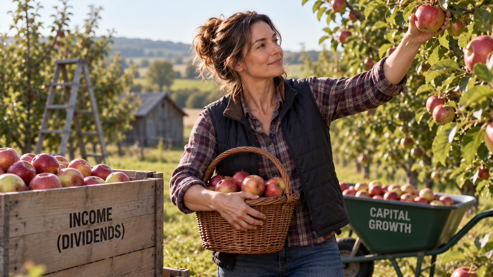 Woman harvesting apples from a mature orchard, representing total investment return through capital growth and income.