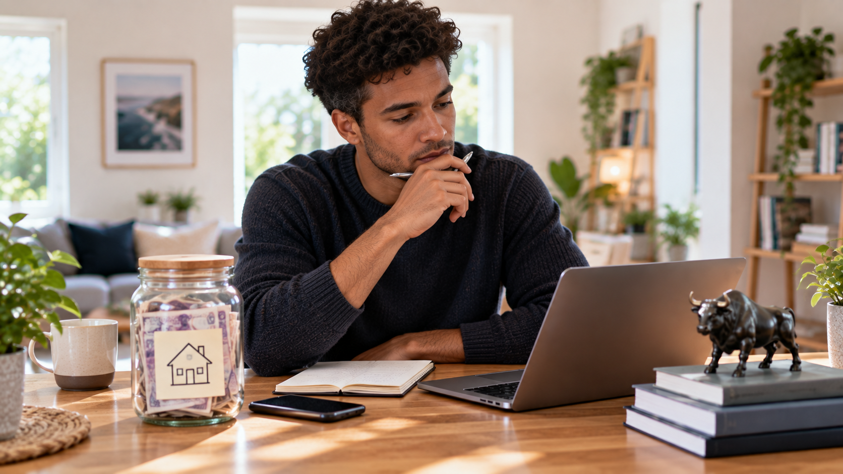 Man considering whether to save for a near-term financial goal or invest his money for longer-term growth.