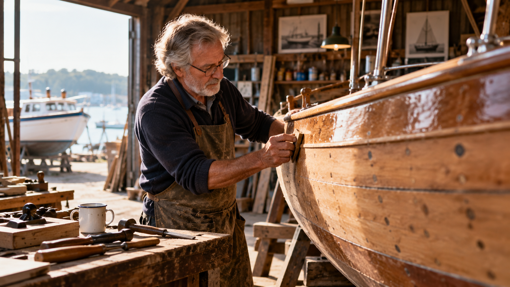 A man in his 60s works inside a traditional boatyard or workshop on a beautiful wooden sailing boat that is substantially complete. Tools, timber and earlier stages of work are naturally visible around the workshop. The concept is that worthwhile results can come from consistent progress and allowing sufficient time, rather than expecting an immediate result.