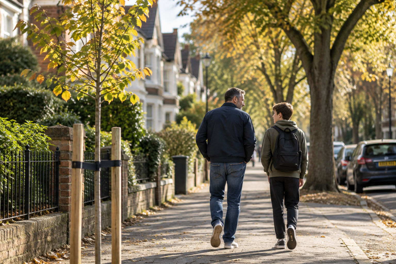 A father in his early 40s and his teenage son are walking along a leafy residential street in a contemporary UK town on an autumn afternoon. In the foreground is a newly planted young tree supported by wooden stakes, while farther along the street are large mature trees.