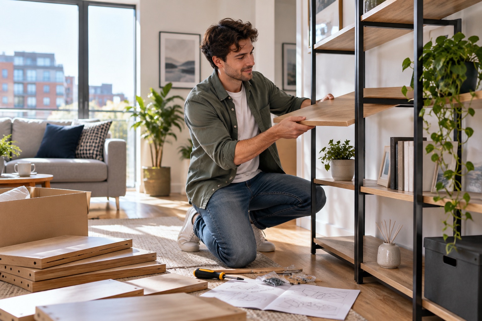 Man assembling a modular shelving unit in a bright flat, representing the different parts involved in building an investment portfolio.