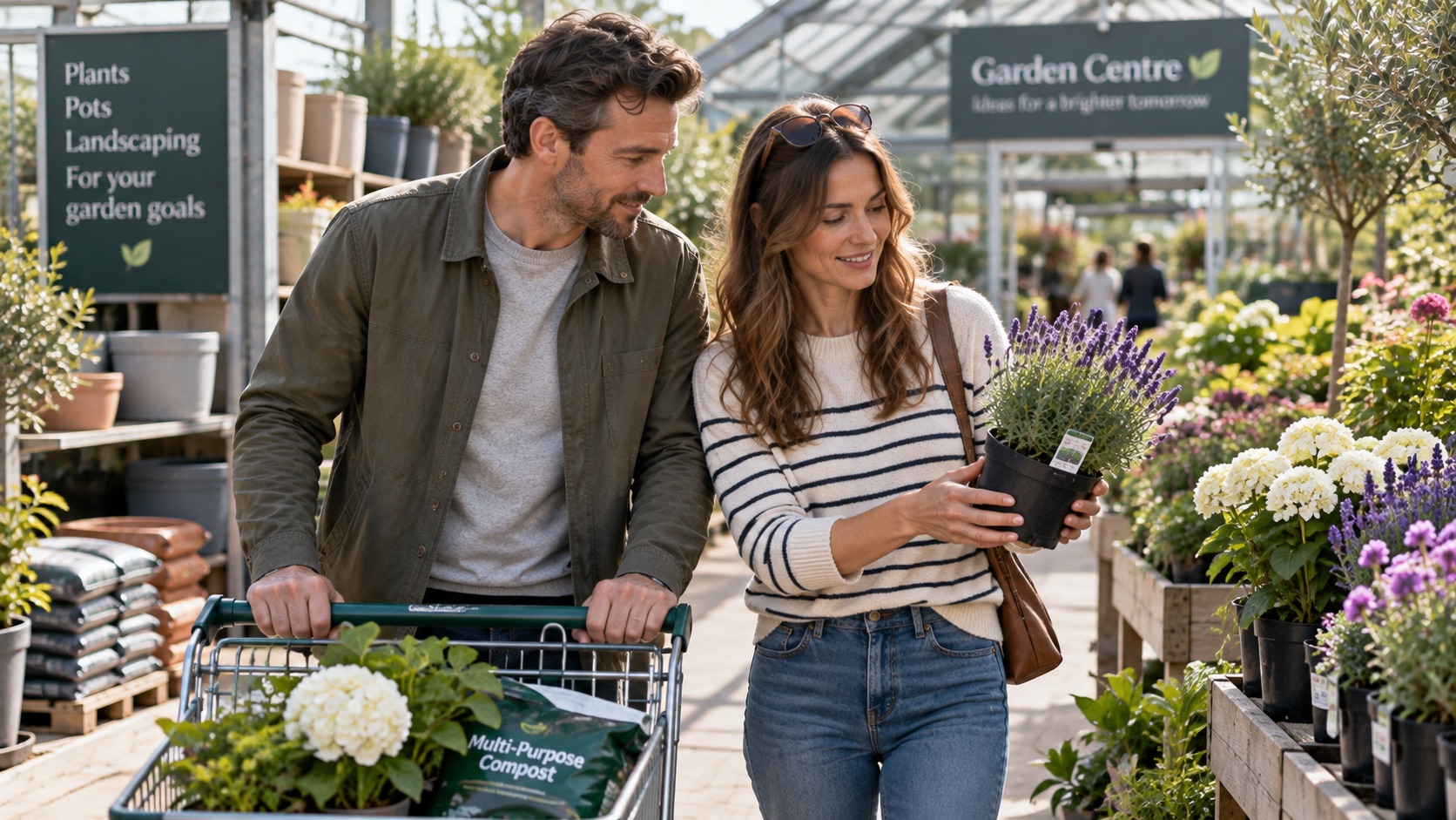 Couple comparing plants at a garden centre, representing choosing a savings account that suits a specific financial goal.