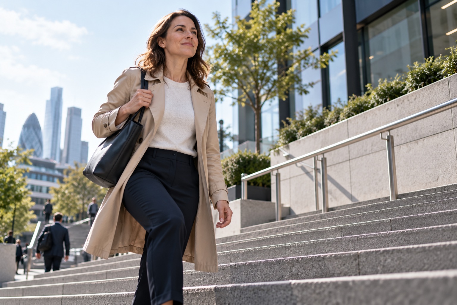 Woman walking up outdoor steps in a UK city, representing gradually increasing the amount invested over time.