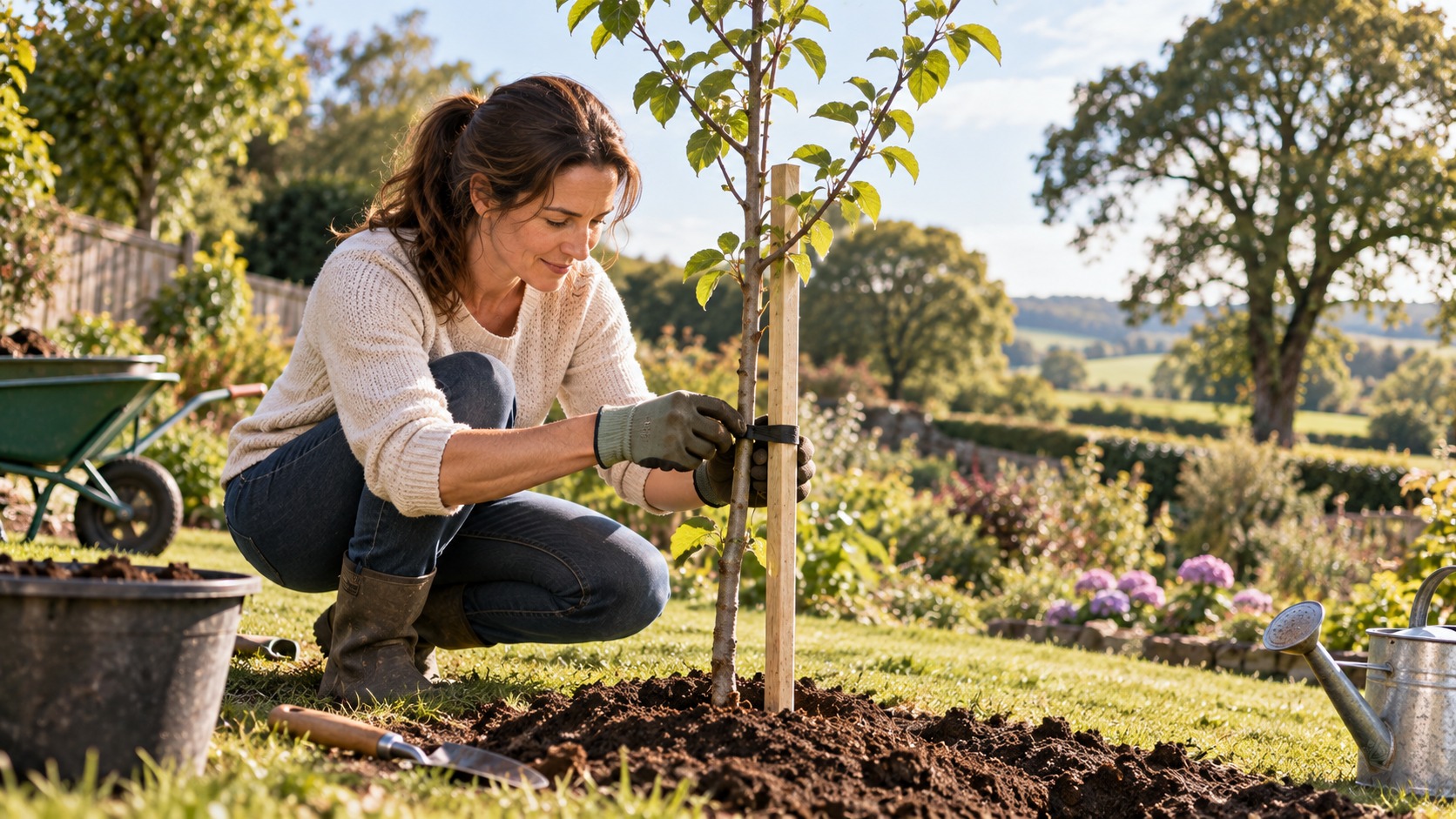 Woman planting and securing a young fruit tree, illustrating investing today for long-term financial goals.