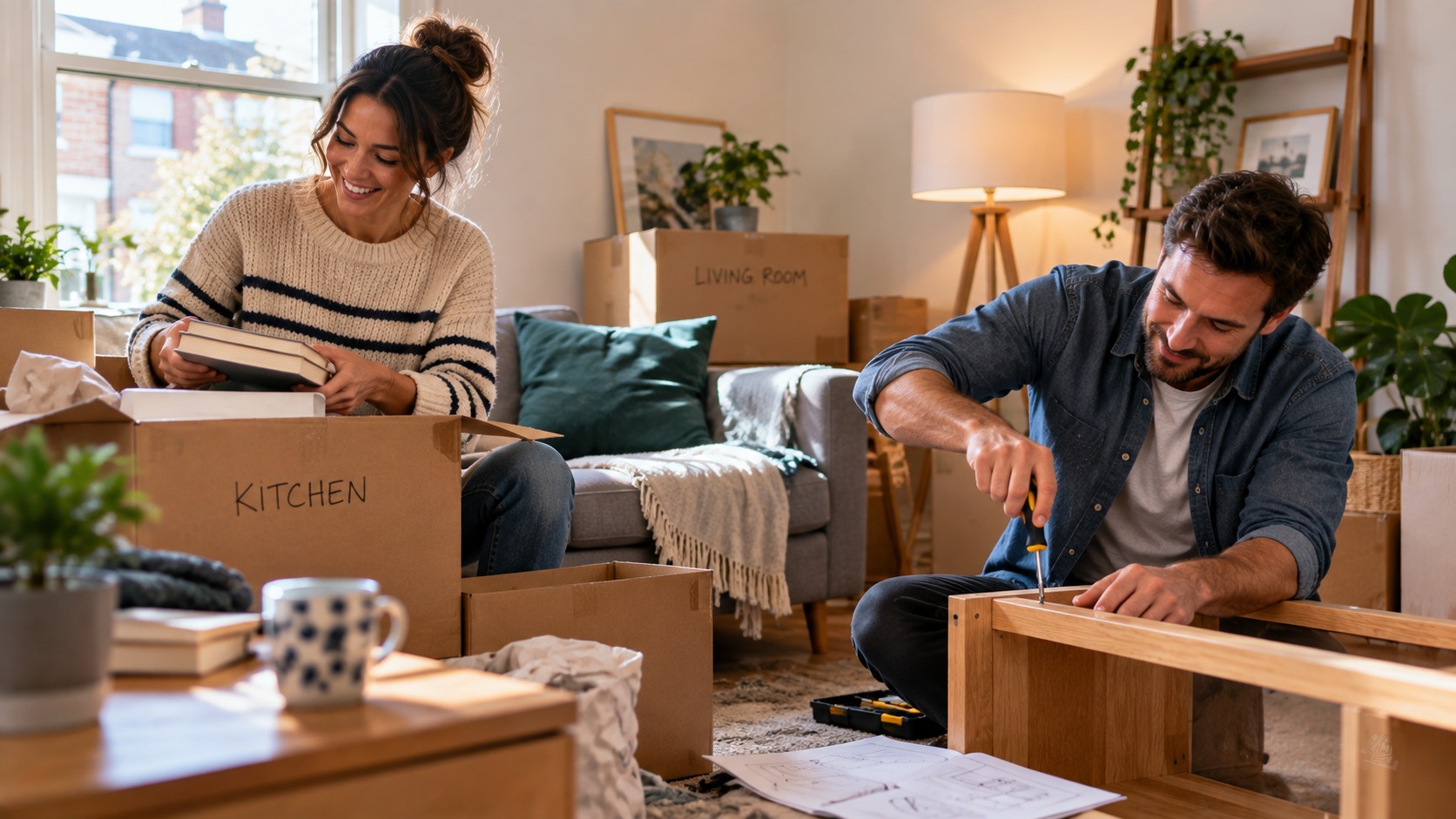 Couple in their 30s unpacking and assembling furniture in their new home, reflecting a life stage of building for the future.