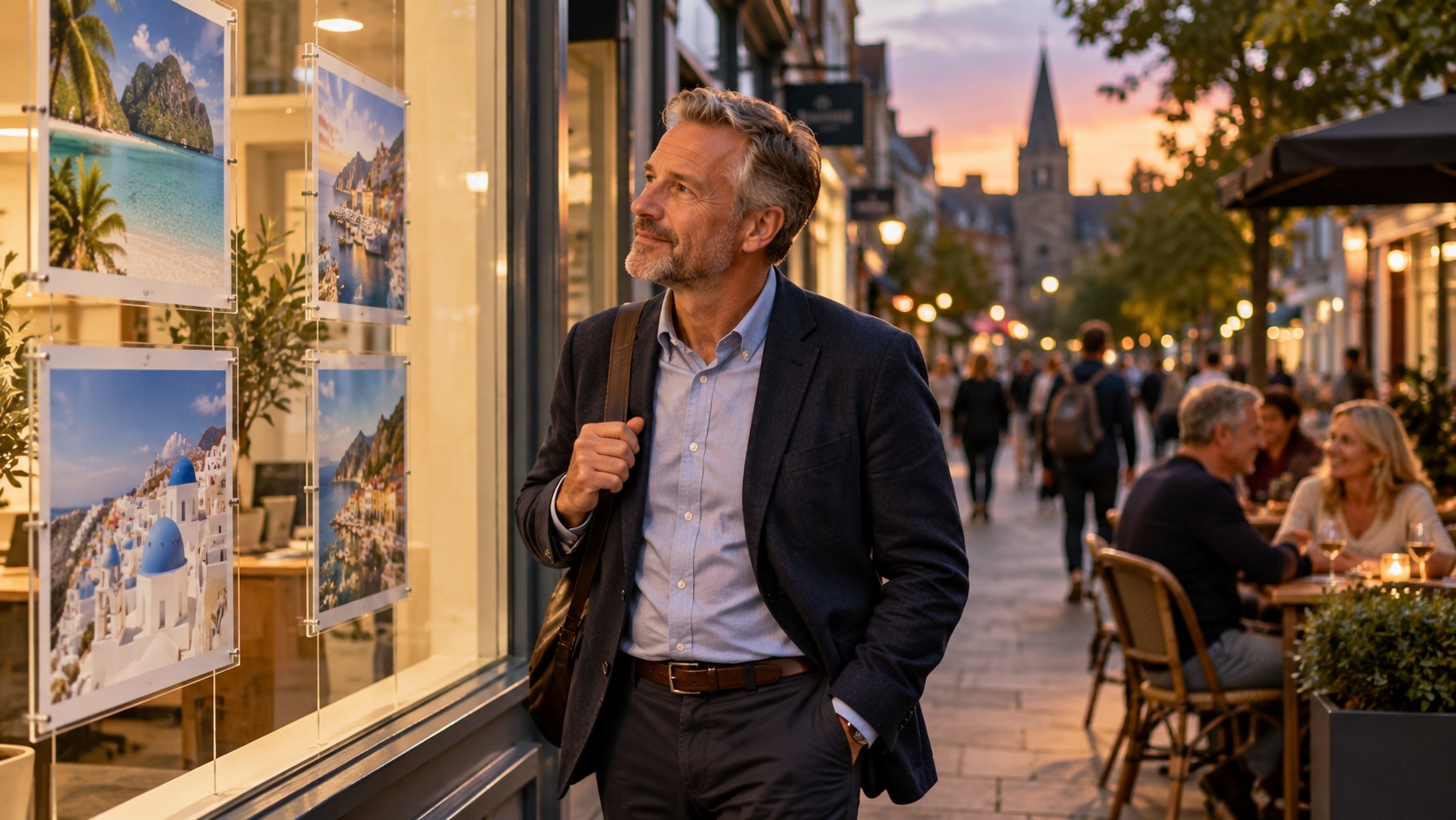 Man in his 50s pausing outside a travel agent on his way home from work, reflecting on future plans.