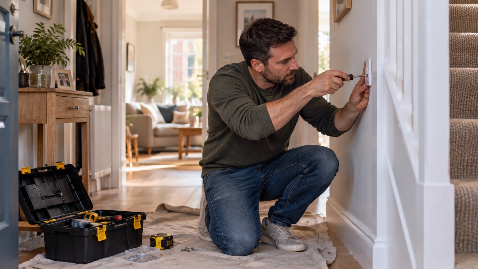 Man carrying out a DIY repair in the hallway of his home while managing the costs of homeownership.