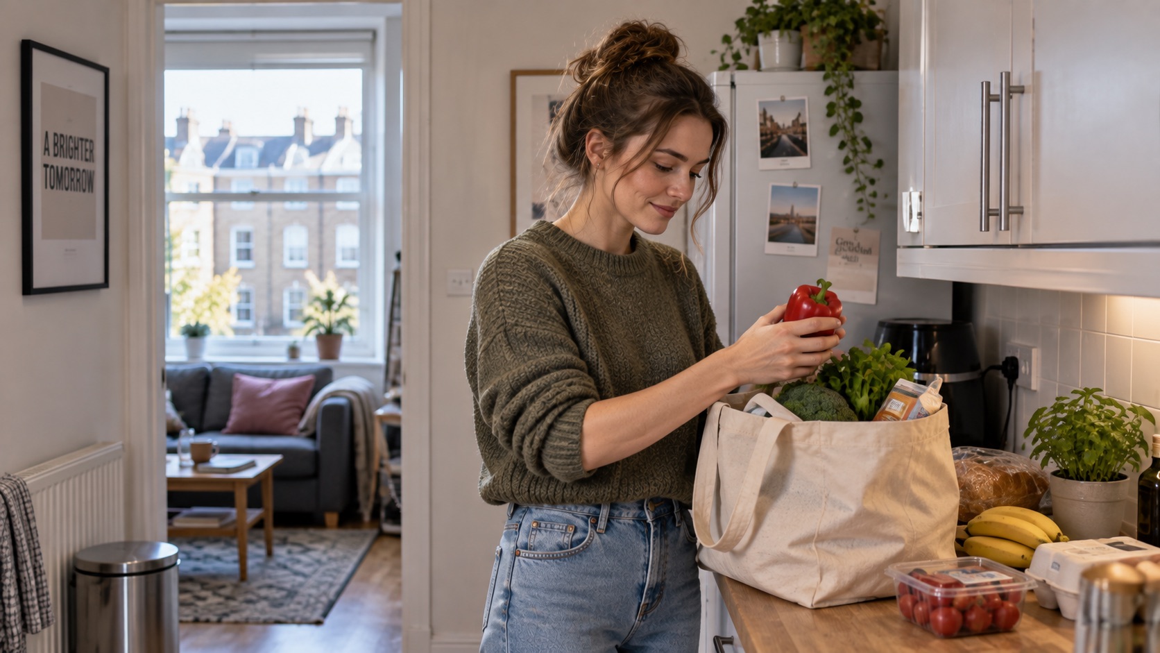 Young woman unpacking groceries in the kitchen of a rented flat while balancing everyday living costs with saving.