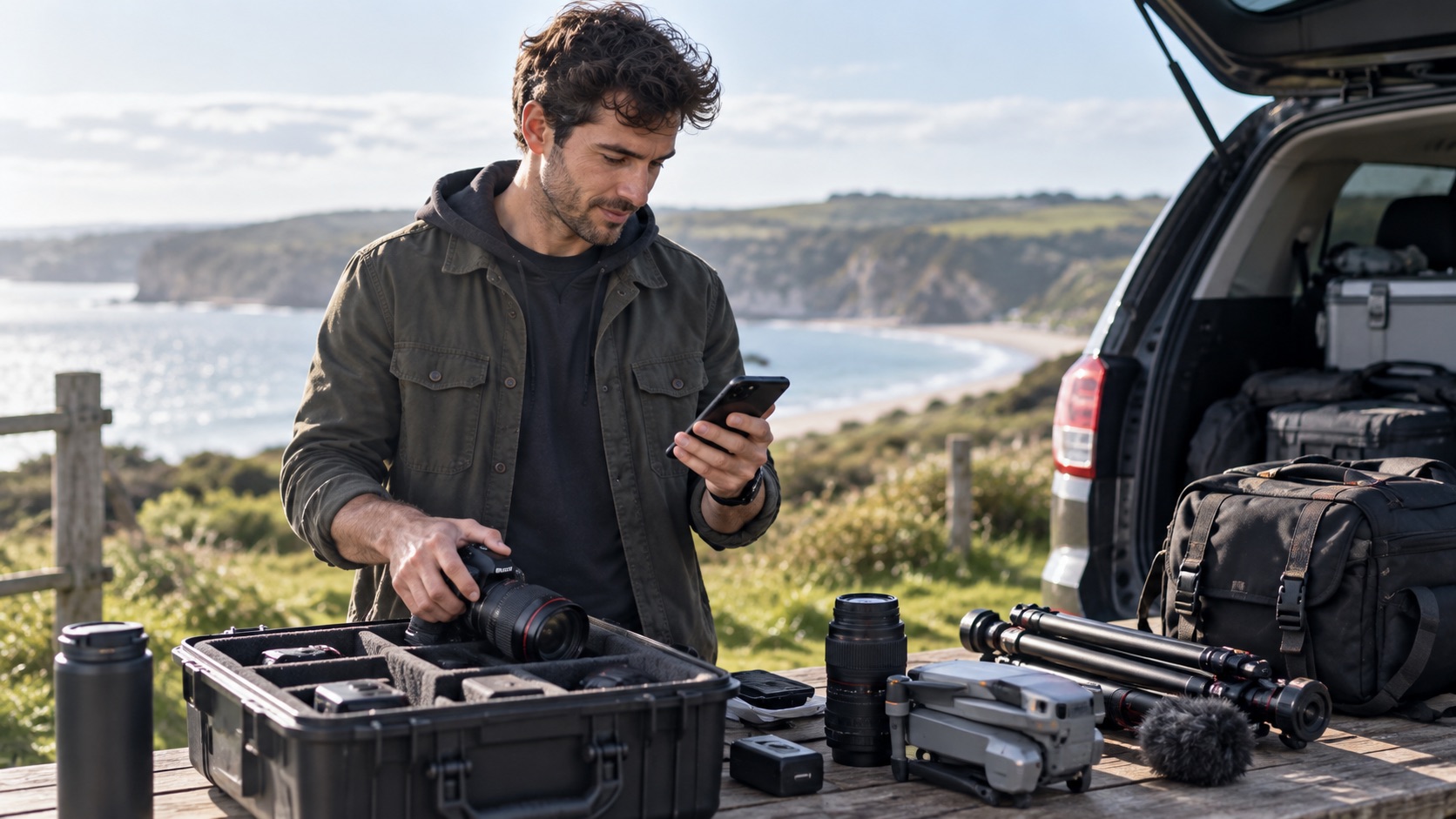 Self-employed photographer checking his phone while packing camera equipment after an outdoor job, reflecting the challenges of investing with a variable income.