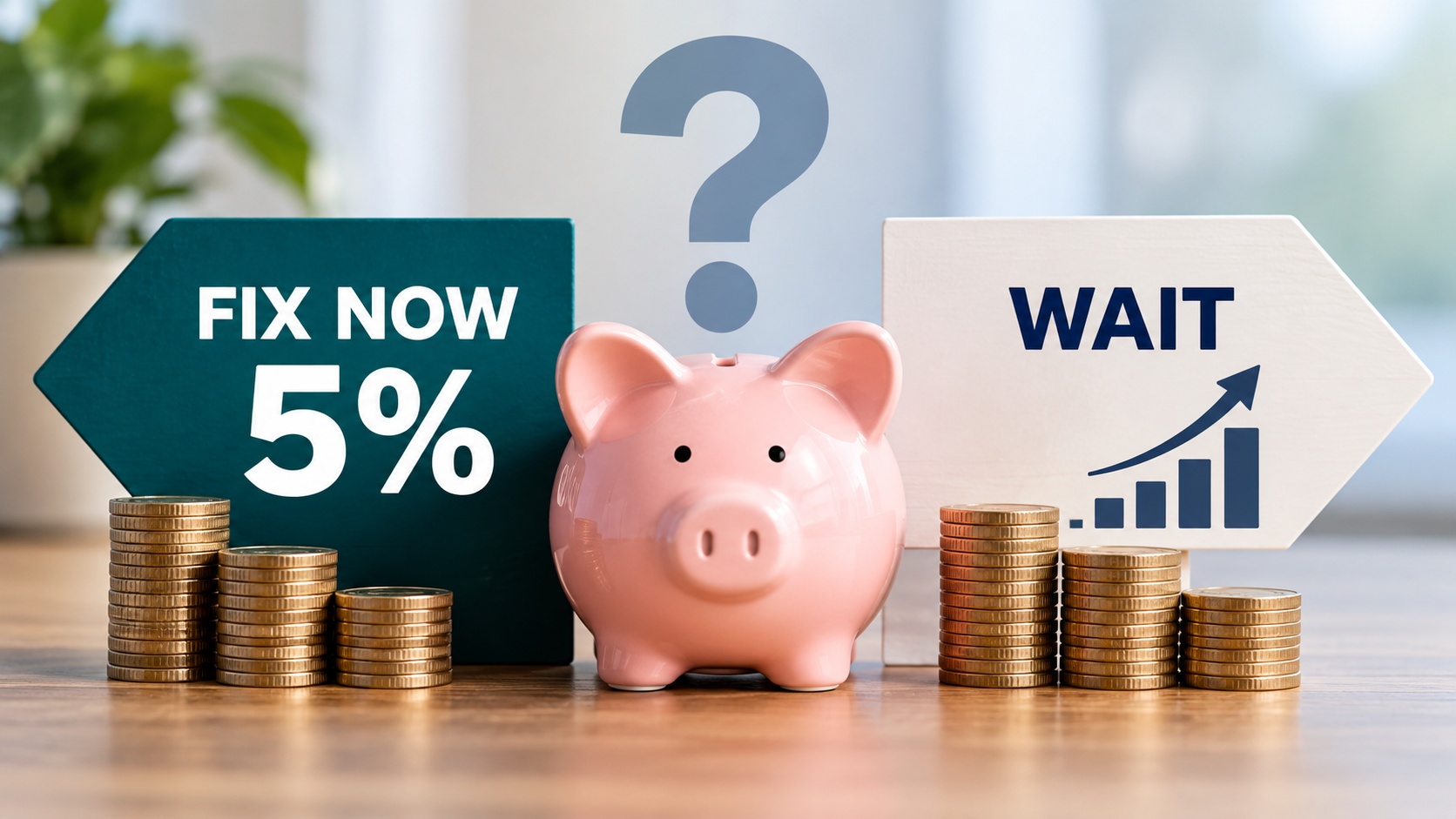 Piggy bank between signs showing a 5% fixed savings rate and the option to wait for rates to rise.