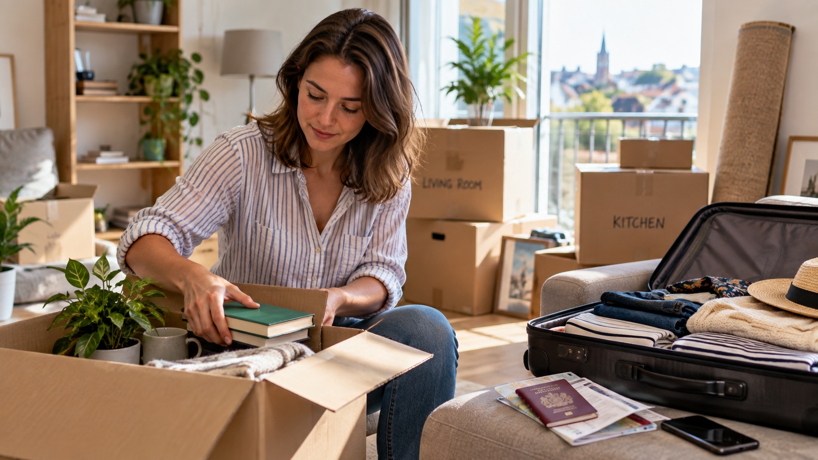Woman packing belongings and a suitcase in her flat ahead of moving abroad, with her passport and travel documents nearby.