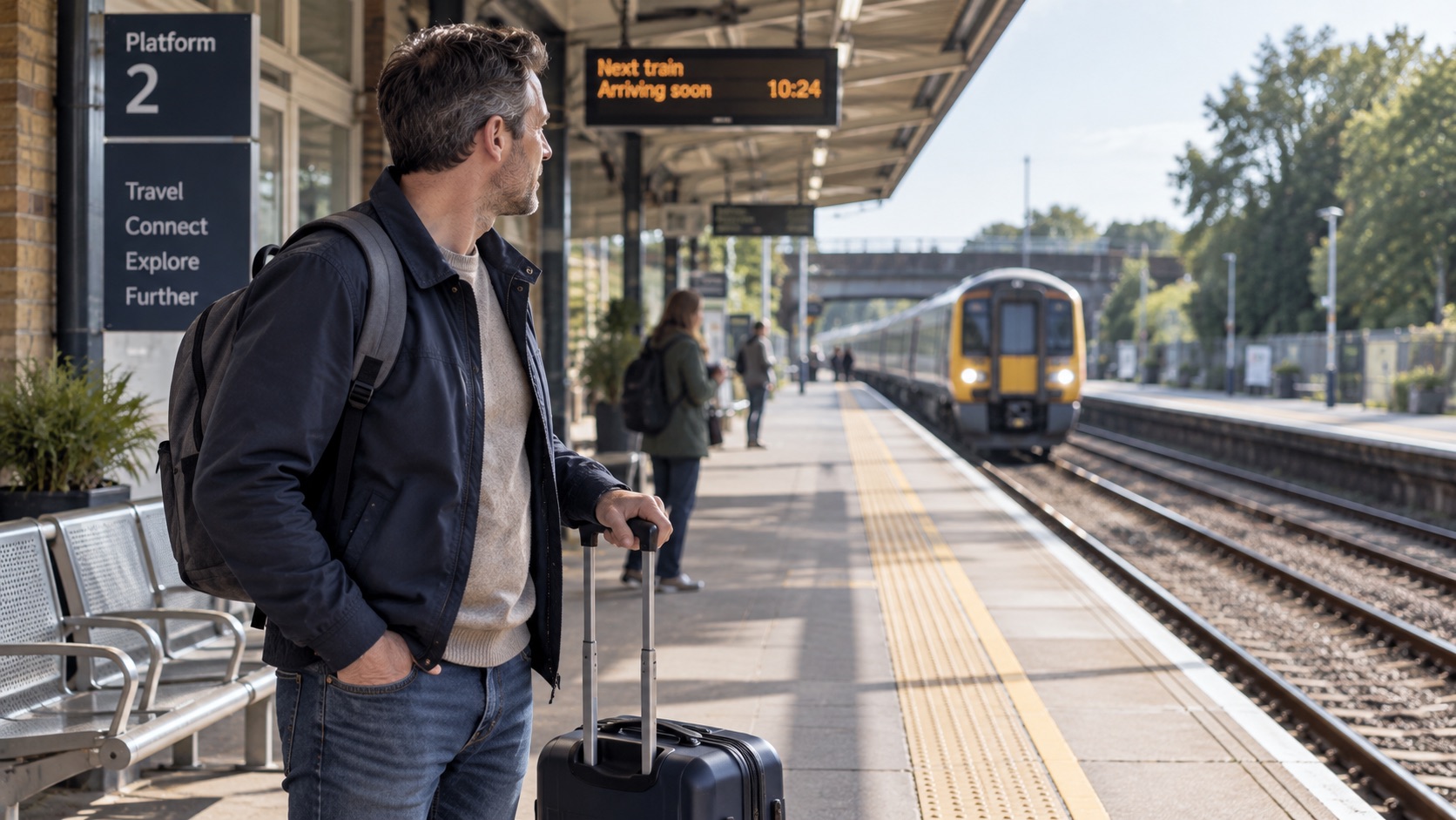 Man waiting on a railway platform for an approaching train, representing the notice period before savings can be accessed.