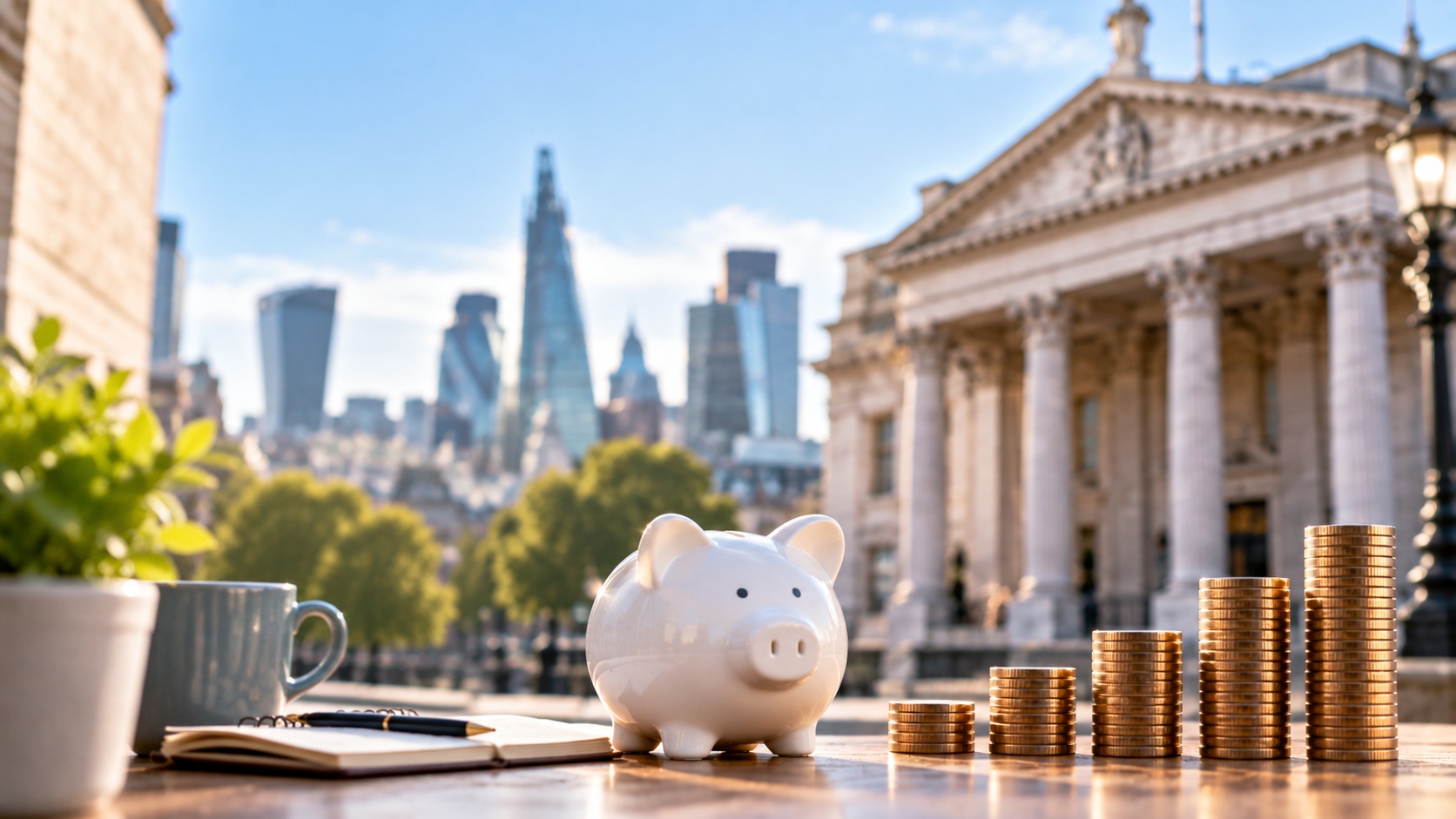 Piggy bank beside rising stacks of coins with the Bank of England and London skyline in the background.