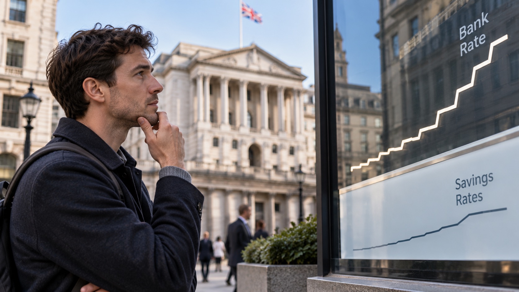 Man looking at a display comparing rising Bank Rate with slower increases in savings rates outside the Bank of England.