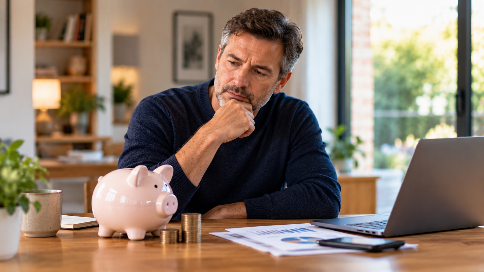 Man considering cash savings and investments beside a piggy bank, coins and investment charts.