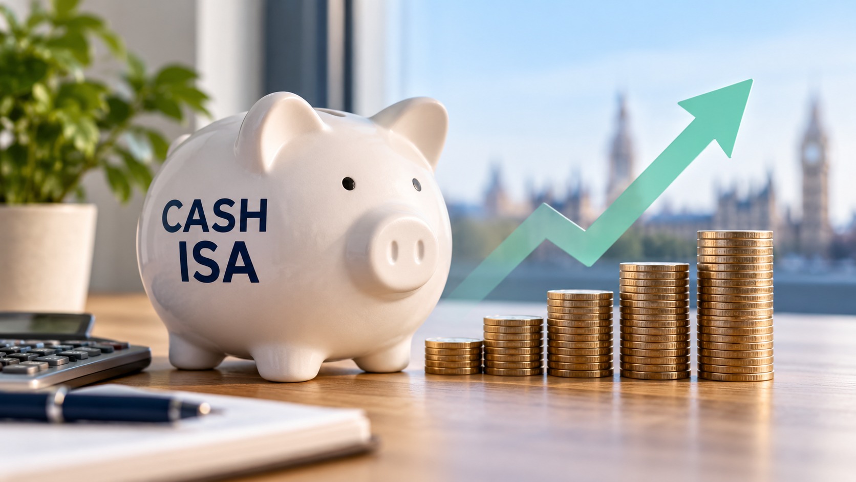Cash ISA piggy bank beside rising stacks of coins, representing increased ISA deposits by UK savers.