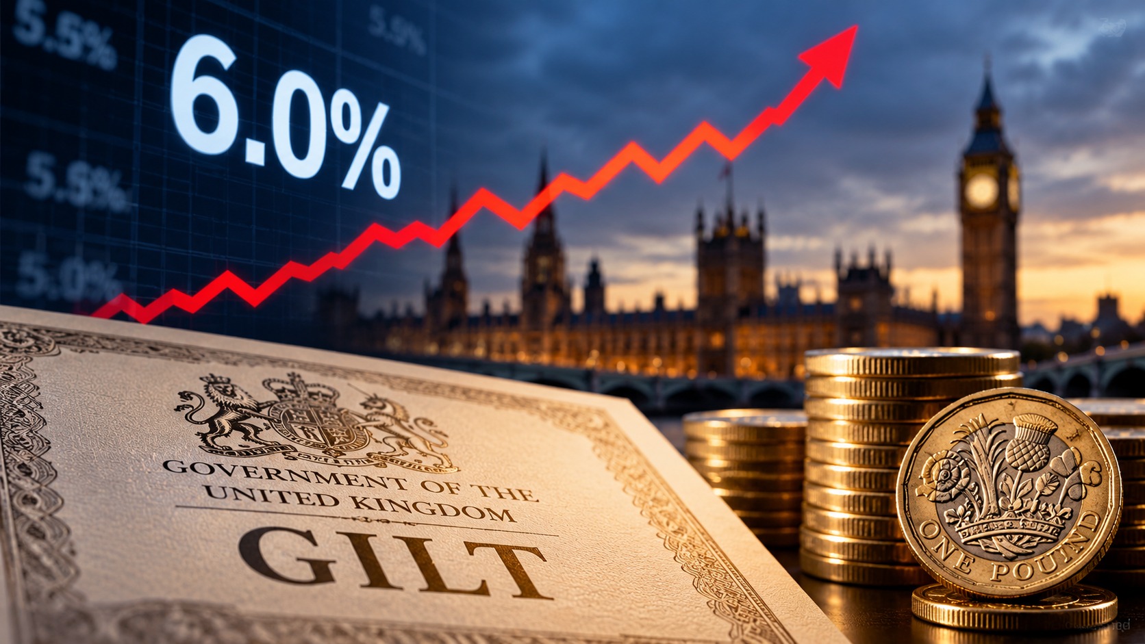 UK gilt certificate, pound coins and a rising 6% yield chart in front of the Houses of Parliament, representing the UK government bond sell-off.